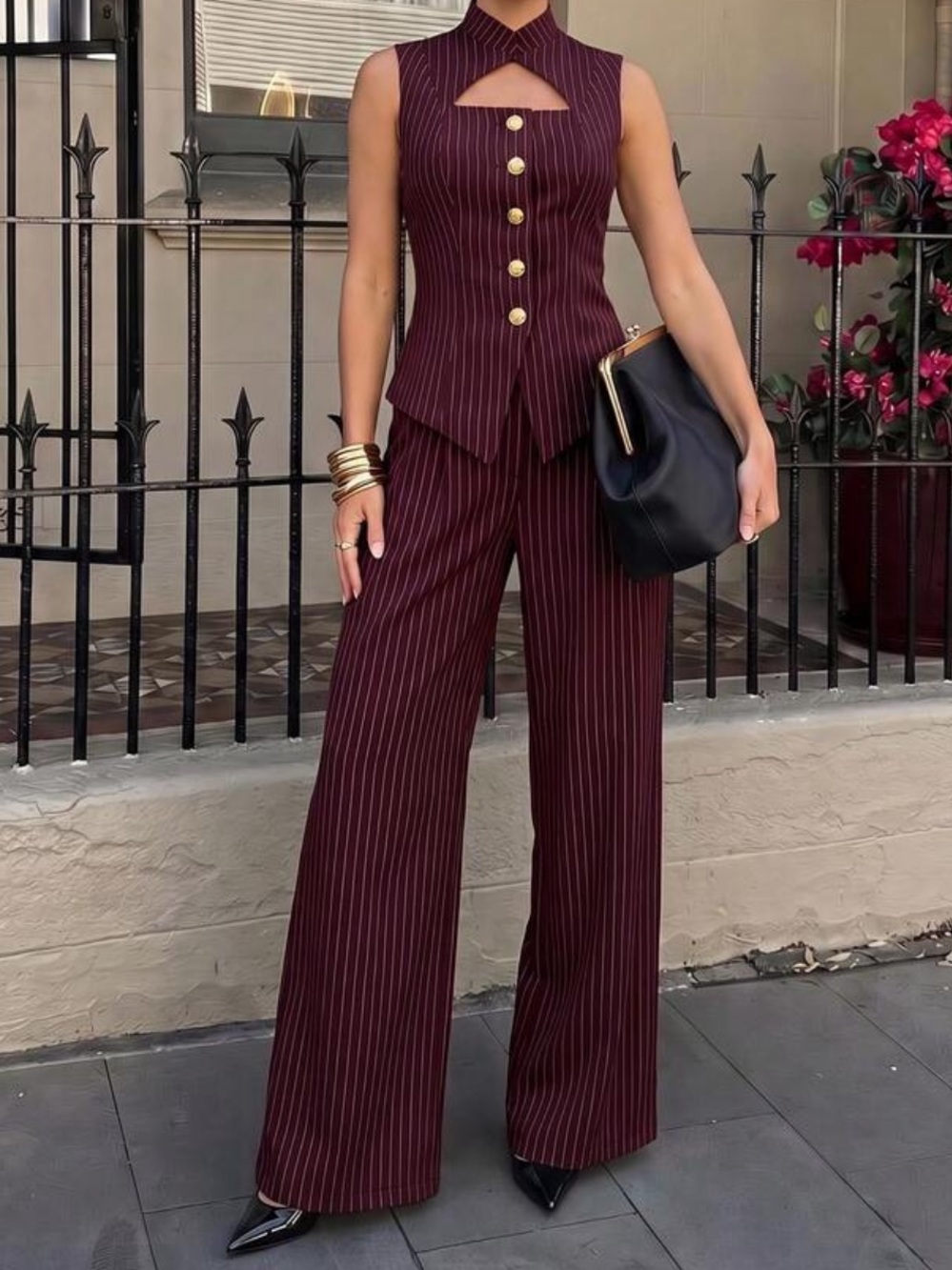 Sleeveless Burgundy Pinstripe Vest & Wide-Leg Trousers Set with Gold Buttons
